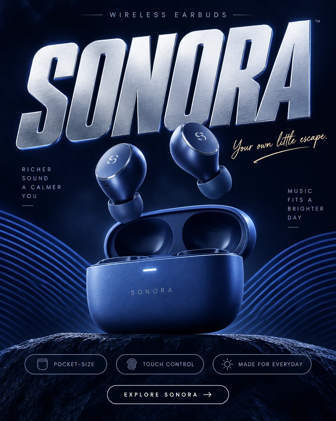 Sonora wireless earbuds advertising concept