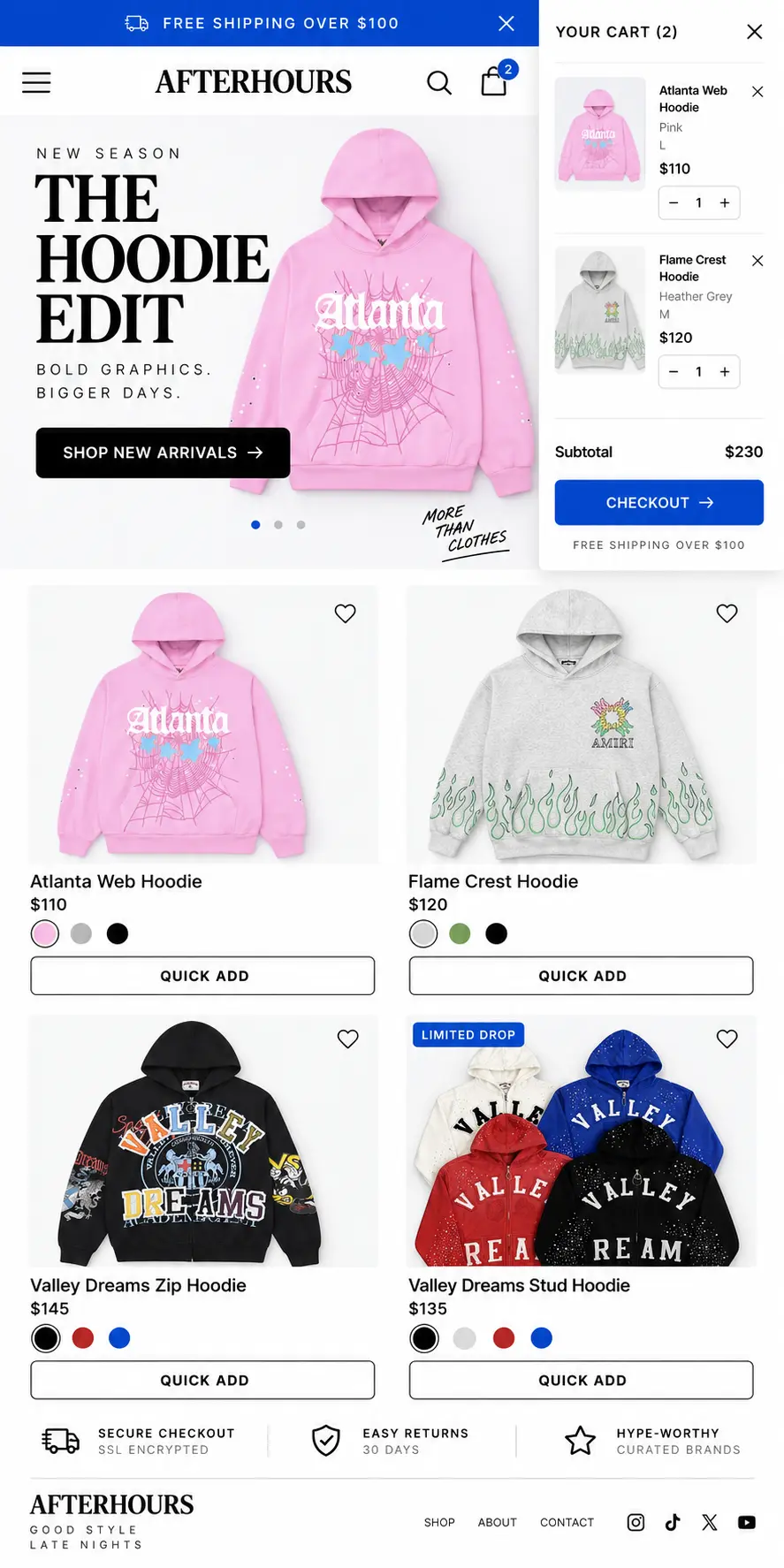 Afterhours streetwear ecommerce website